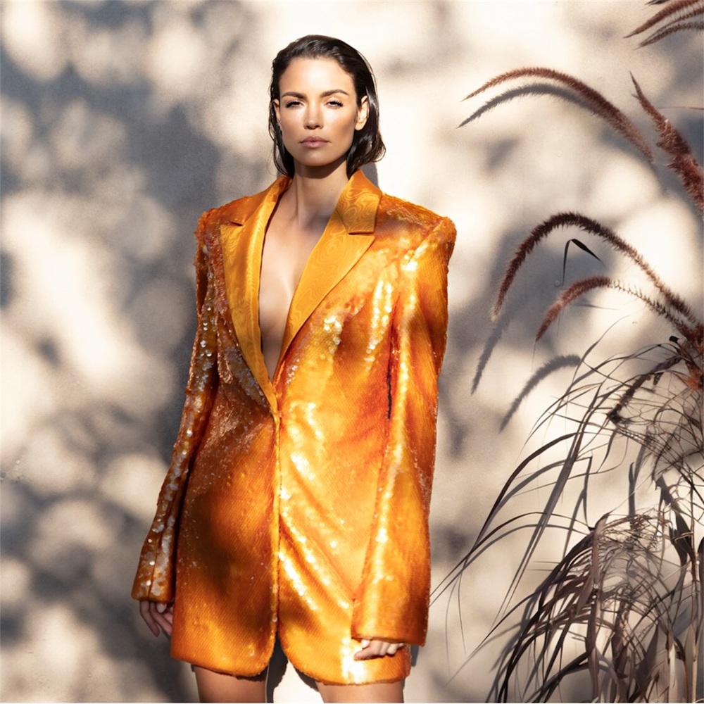 Jean Louis Sabaji Oversized Orange Sequined Mini Blazer Dress with Skirt
